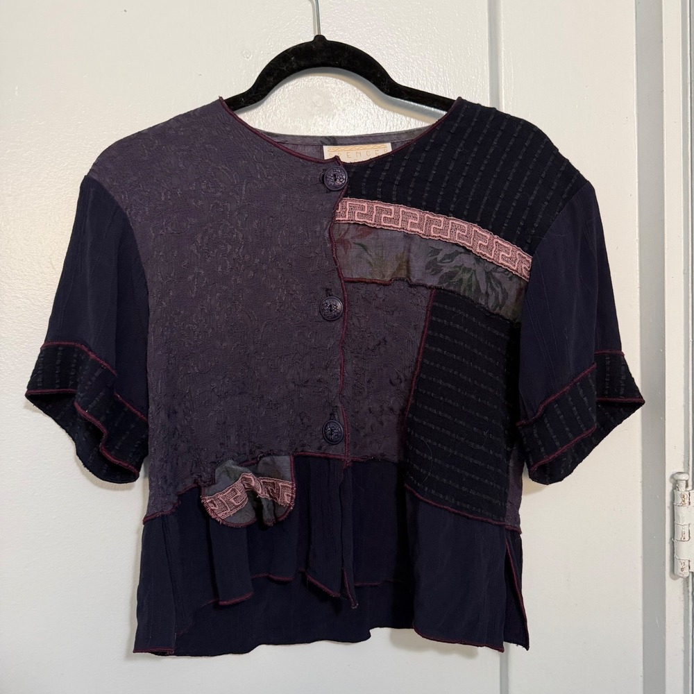 Spencer Alexis Vintage Whimseygoth Coquette‎ Patchwork Linen Rayon Boho Blouse
